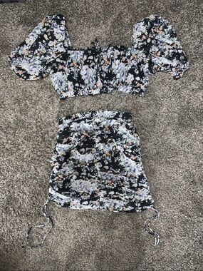 Black Floral Puff Sleeve Crop Top & Skirt Set
